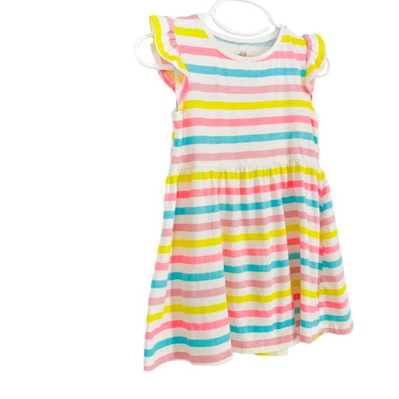 H&M KIDS Organic Cotton Multi-Stripe Flutter Sleeve Dress Size 1 1/2 -2Y - Picture 5 of 16